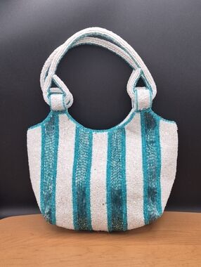 India Handcrafted Glass Beaded Stripe Shoulder Bag Tote Teal White Viral